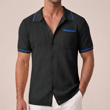 Sleek Men’s Knit Button Up Shirt With Short Sleeve Openwork And Camp Collar
