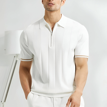 Sleek Men’s Knit Polo Shirt With Quarter Zip And Vertical Stripe Detail