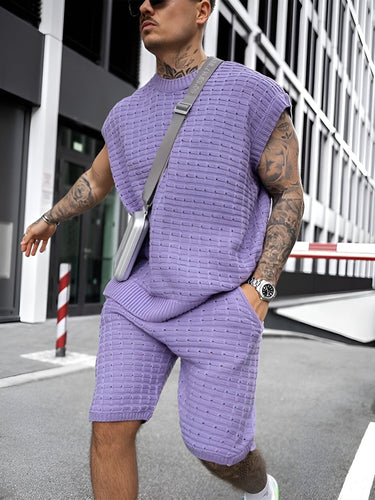 Sleek Men’s Knit Short Set With Sleeveless Crew Neck Top And Elastic Waist Shorts