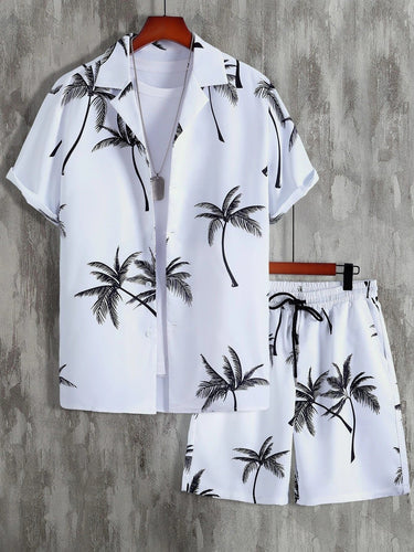 Sleek Men’s Palm Print Short Sleeve Shirt And Drawstring Shorts Set