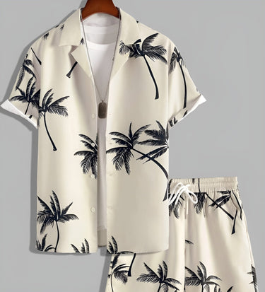 Sleek Men’s Palm Print Short Sleeve Shirt And Drawstring Shorts Set