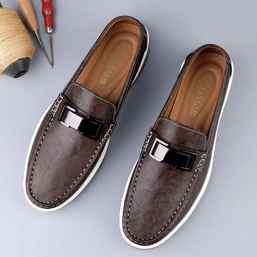 Sleek Men’s Slip On Loafers With Metal Bar Detail And Moc Toe Stitching