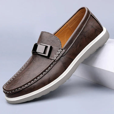 Sleek Men’s Slip On Loafers With Metal Bar Detail And Moc Toe Stitching