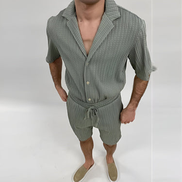 Sleek Men’s Textured Shirt And Drawstring Shorts Set