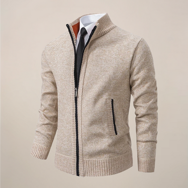 Sleek Men’s Zip Up Cardigan With Stand Collar And Ribbed Hem