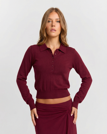 Sleek Women’s Ribbed Knit Polo Sweater With Long Sleeve And Button Placket
