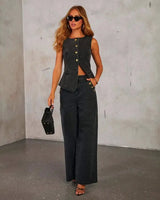 Sleeveless Denim Co-Ord Set with Waistcoat Top and Wide Leg Trousers