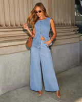 Sleeveless Denim Co-Ord Set with Waistcoat Top and Wide Leg Trousers
