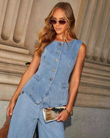 Sleeveless Denim Co-Ord Set with Waistcoat Top and Wide Leg Trousers
