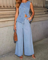 Sleeveless Denim Co-Ord Set with Waistcoat Top and Wide Leg Trousers