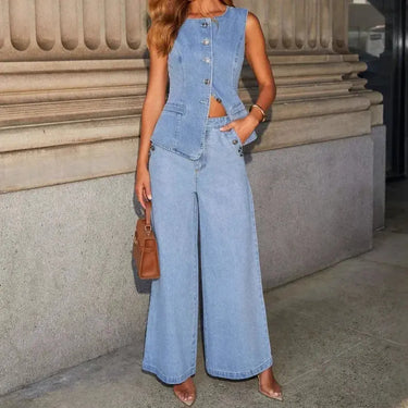 Sleeveless Denim Co-Ord Set with Waistcoat Top and Wide Leg Trousers