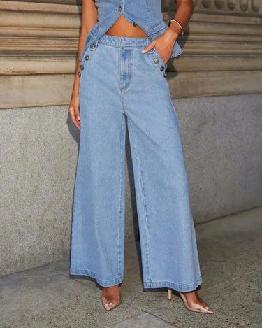 Sleeveless Denim Co-Ord Set with Waistcoat Top and Wide Leg Trousers