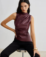 Sleeveless Faux Material Top with High Neck Drape Detail