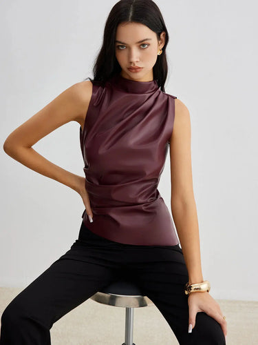 Sleeveless Faux Material Top with High Neck Drape Detail