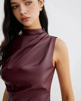 Sleeveless Faux Material Top with High Neck Drape Detail