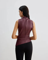 Sleeveless Faux Material Top with High Neck Drape Detail