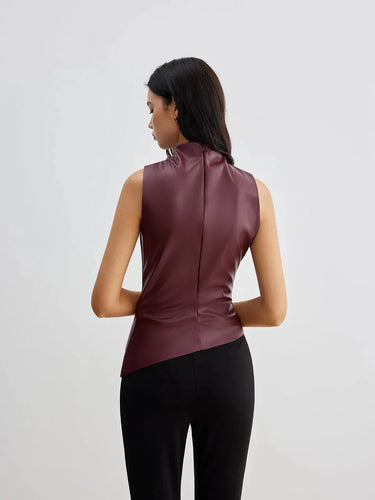 Sleeveless Faux Material Top with High Neck Drape Detail