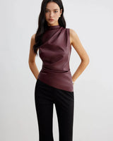 Sleeveless Faux Material Top with High Neck Drape Detail