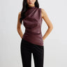 Sleeveless Faux Material Top with High Neck Drape Detail