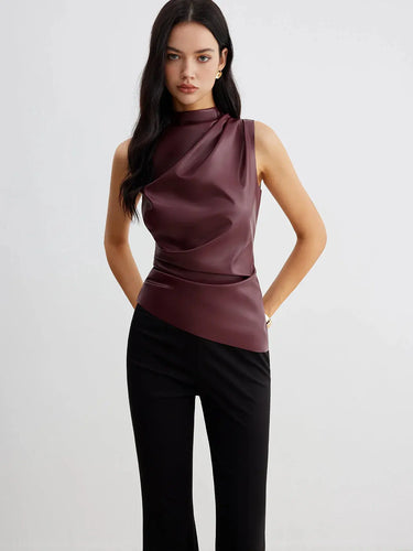 Sleeveless Faux Material Top with High Neck Drape Detail