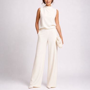 Sleeveless Jumpsuit with High Neckline and Wide-Leg Design