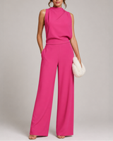 Sleeveless Jumpsuit with High Neckline and Wide-Leg Design