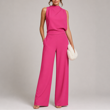 Sleeveless Jumpsuit with High Neckline and Wide-Leg Design