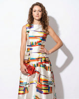 Sleeveless Pleated Maxi Dress with Abstract Print