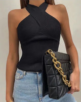 Sleeveless Ribbed Halter Neck Top with Cross Front Detail