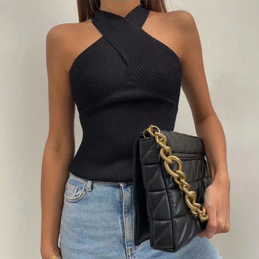 Sleeveless Ribbed Halter Neck Top with Cross Front Detail