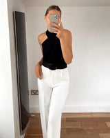 Sleeveless Ribbed Halter Neck Top with Cross Front Detail