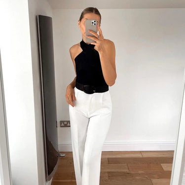 Sleeveless Ribbed Halter Neck Top with Cross Front Detail