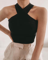 Sleeveless Ribbed Halter Neck Top with Cross Front Detail