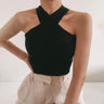 Sleeveless Ribbed Halter Neck Top with Cross Front Detail
