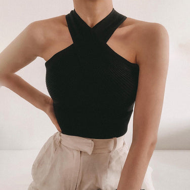 Sleeveless Ribbed Halter Neck Top with Cross Front Detail