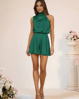 Sleeveless Satin Jumpsuit with High Neck and Flared Shorts