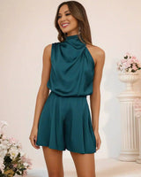 Sleeveless Satin Jumpsuit with High Neck and Flared Shorts