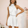 Sleeveless Satin Jumpsuit with High Neck and Flared Shorts