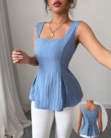 Sleeveless Square Neck Peplum Top with Lace-Up Back