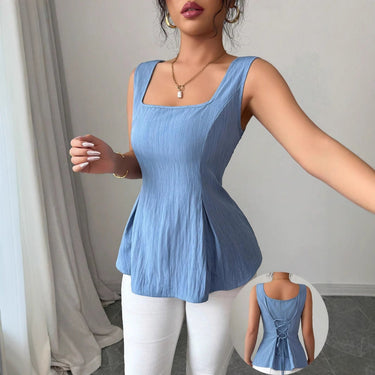 Sleeveless Square Neck Peplum Top with Lace-Up Back