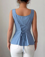 Sleeveless Square Neck Peplum Top with Lace-Up Back