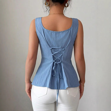 Sleeveless Square Neck Peplum Top with Lace-Up Back