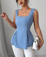 Sleeveless Square Neck Peplum Top with Lace-Up Back
