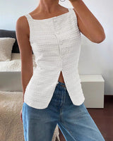 Sleeveless Textured Button-Front Peplum Top