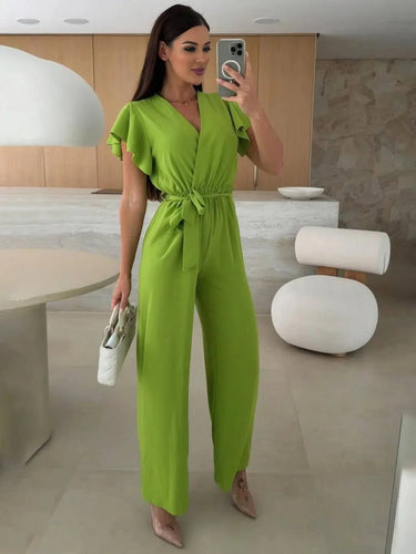 Sleeveless V-Neck Jumpsuit with Belt and Wide-Leg Design