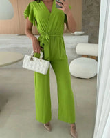 Sleeveless V-Neck Jumpsuit with Belt and Wide-Leg Design