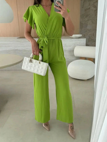 Sleeveless V-Neck Jumpsuit with Belt and Wide-Leg Design