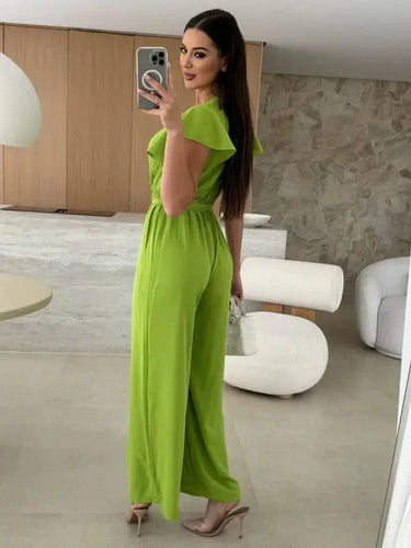 Sleeveless V-Neck Jumpsuit with Belt and Wide-Leg Design