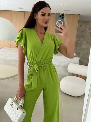 Sleeveless V-Neck Jumpsuit with Belt and Wide-Leg Design