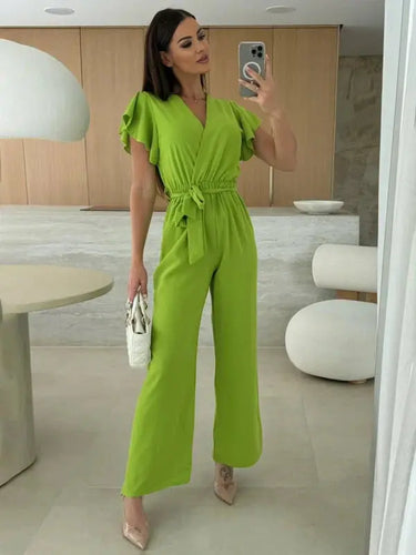 Sleeveless V-Neck Jumpsuit with Belt and Wide-Leg Design